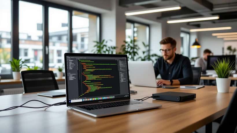IT-Spezialist betrachtet Fehlermeldung auf Laptopbildschirm im Büro