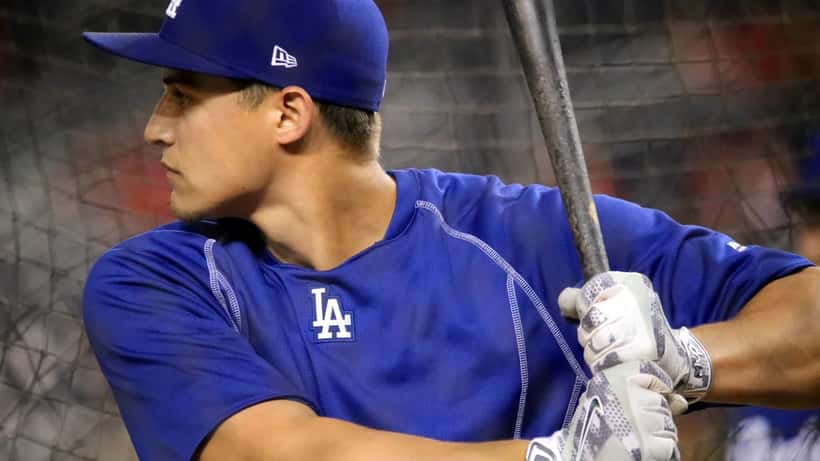 Corey Seager playing shortstop for the Los Angeles Dodgers, baseball action photo