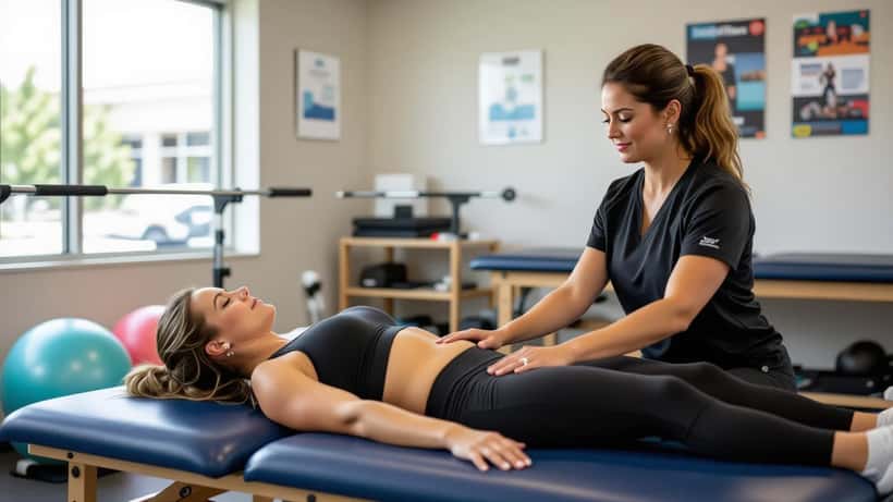 Physical therapist guiding a patient through rehabilitation exercises in a clinical setting