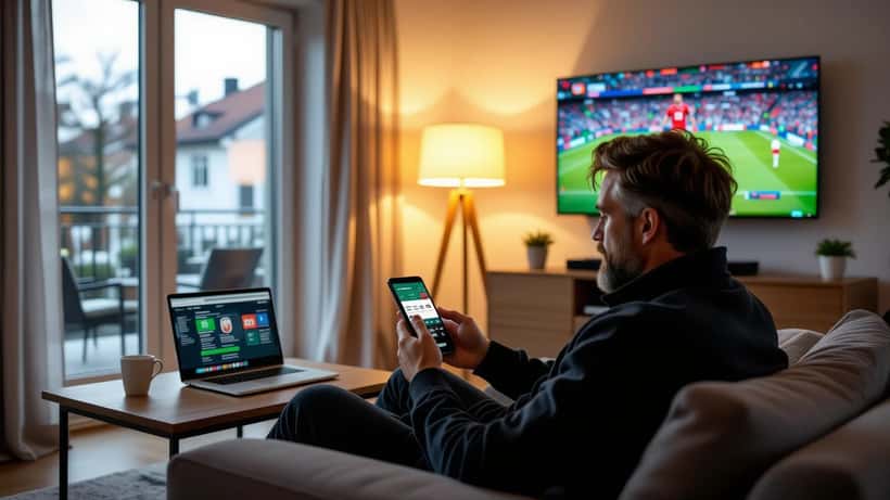 Dansk mand tjekker sportsbetting-app på smartphone foran TV med fodboldkamp i baggrunden