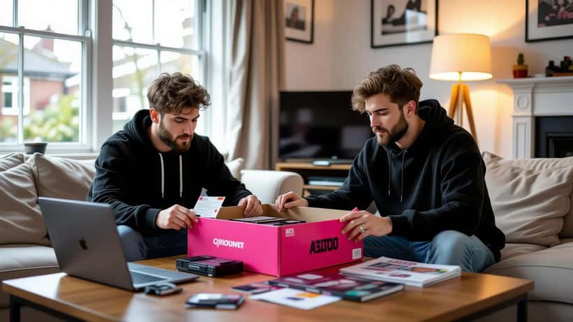 Consumer examining a large gaming merchandise box with receipt, no game disc inside, UK home setting