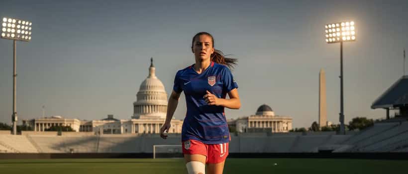 Female soccer player in mid-sprint on professional grass field