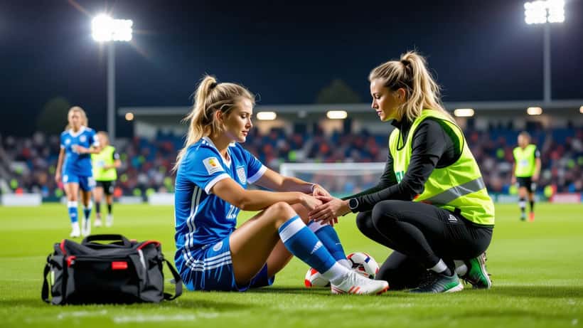 Female footballer clutching injured knee on a floodlit pitch at night, with a physiotherapist kneeling beside her