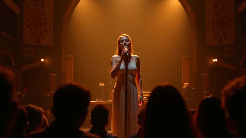 Cantante italiana sul palco di un teatro napoletano, riflettori ambra, espressione emotiva