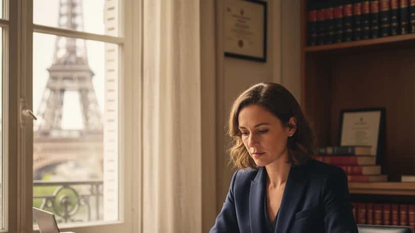 Avocate en droit du travail dans un bureau parisien, documents de réforme audiovisuel sur le bureau