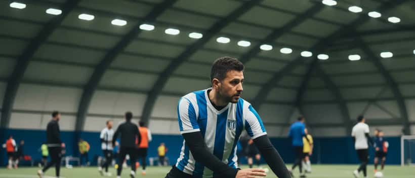Giocatore italiano si scalda prima di una partita di calcio a 7 su campo indoor a Milano