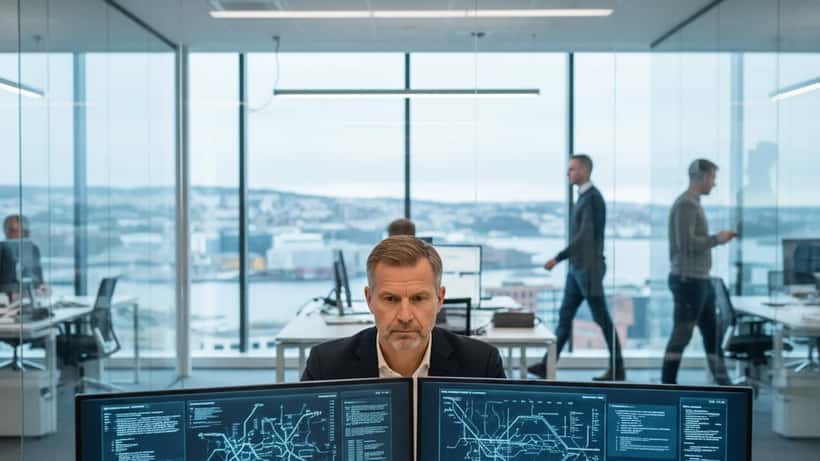 Norsk IT-sikkerhetsspesialist arbeider med cybersikkerhetsovervåking i Oslo-kontor