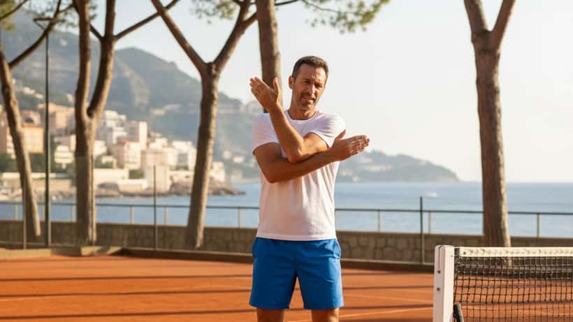 Joueur de tennis sur les courts en terre battue de Monte-Carlo, étirant son coude, avec la Méditerranée en arrière-plan