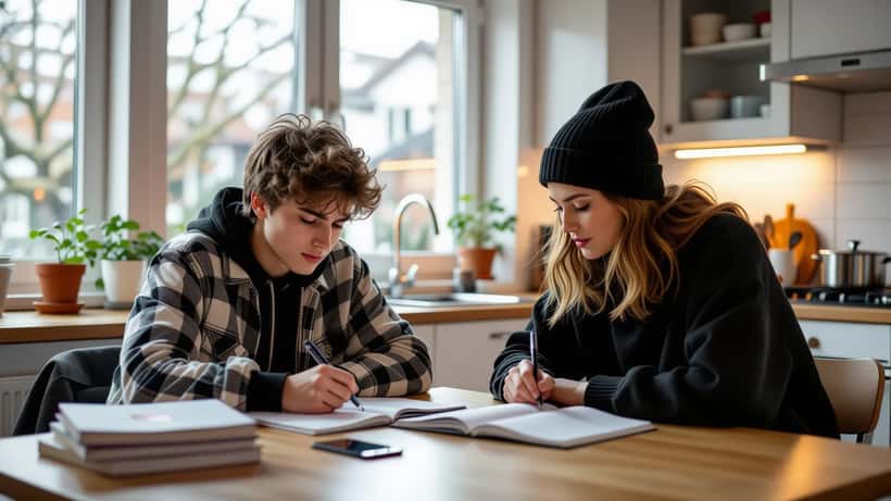 Schüler mit Smartphone sitzt gestresst am Tisch, Nachhilfelehrer schaut auf Hausaufgaben