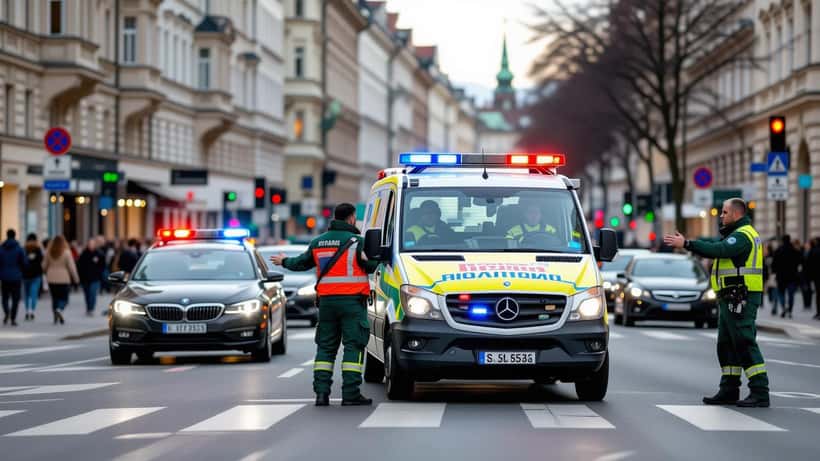 Blockierter Rettungswagen mit Blaulicht in einer österreichischen Stadtstraße