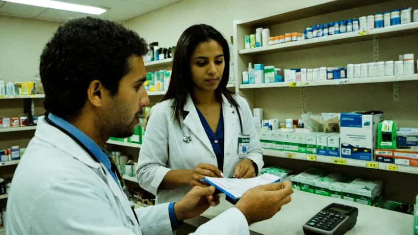 Farmacêutico em farmácia popular do Brasil explicando medicamento a paciente