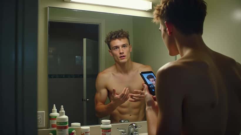 Young man examining his face critically in a bathroom mirror while scrolling looksmaxxing content on his phone