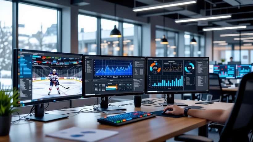Analyste de données sportives révisant les performances des joueurs sur des écrans informatiques