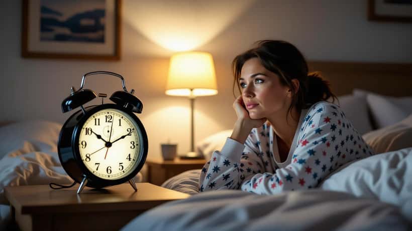 Woman checking bedside alarm clock at 2 a.m. during daylight saving time fall-back