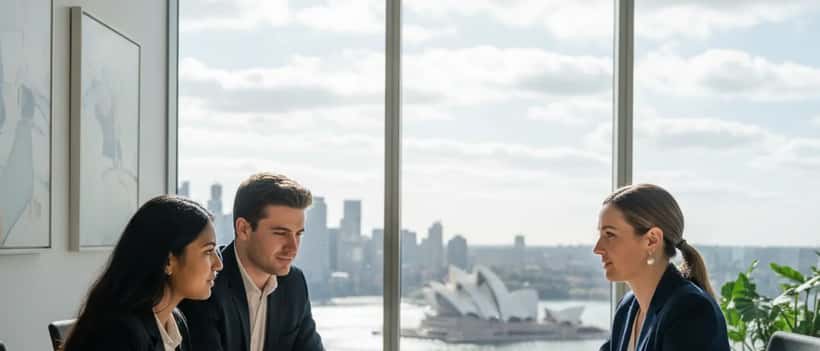 Australian female family lawyer consulting with couple in modern Sydney law office