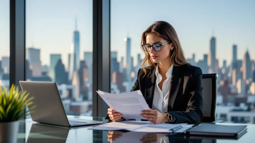 Female employment attorney reviewing workplace contracts in a Manhattan law office with fashion magazine references
