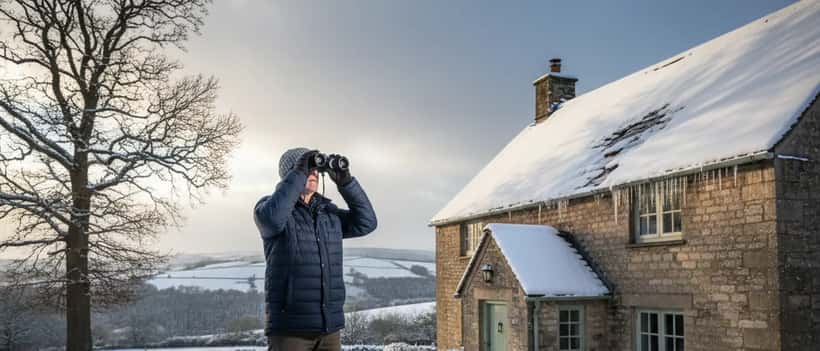 British homeowner inspecting snow-covered roof for storm damage in winter
