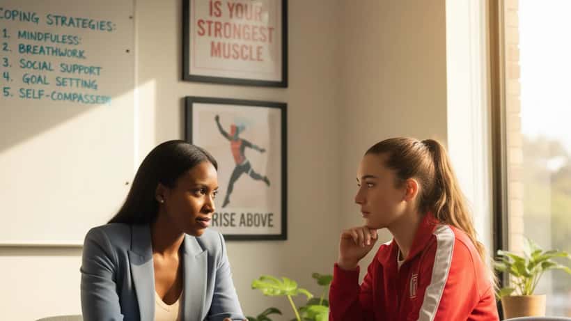 Sports psychologist in consultation with a female college athlete in a calm clinical office