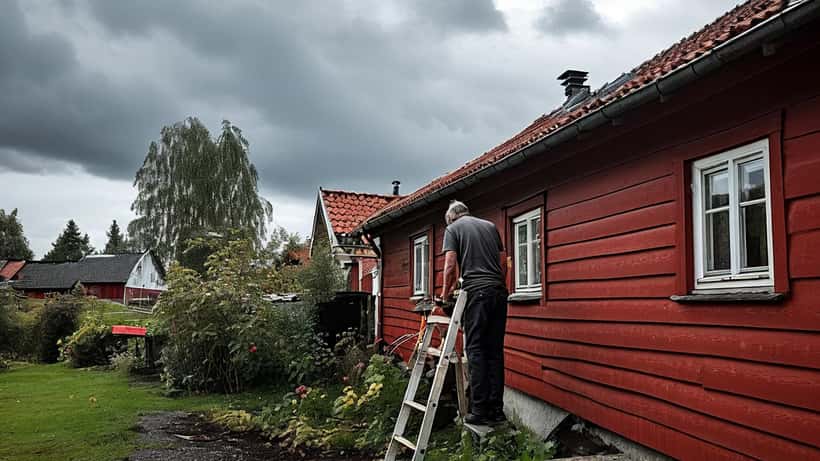 Norsk huseier inspiserer tak og nedløpsrør på et rødmalt trehus i forkant av ekstremvær