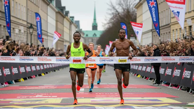 Maratonløper i mål under et bymaraton, utslitt men fornøyd etter gjennomføring