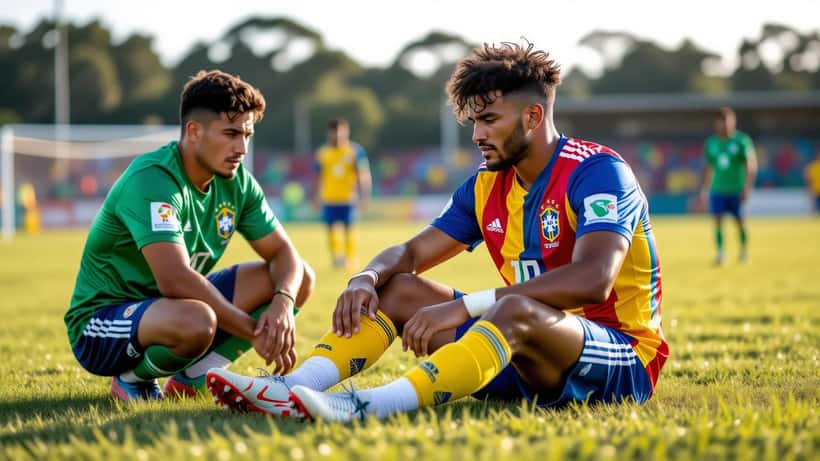 Jogador de futebol amador brasileiro sentado no gramado segurando o joelho após lesão durante partida