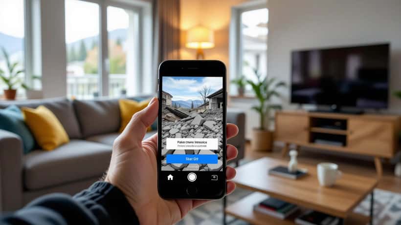 Main tenant un smartphone affichant une fausse page de cagnotte de dons après le séisme au Pérou