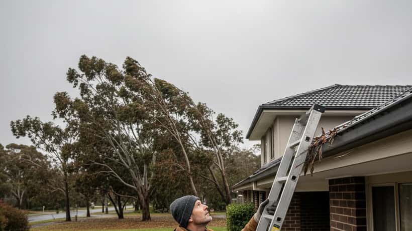 Australian homeowner inspecting gutters and roof before incoming storm in Melbourne suburb