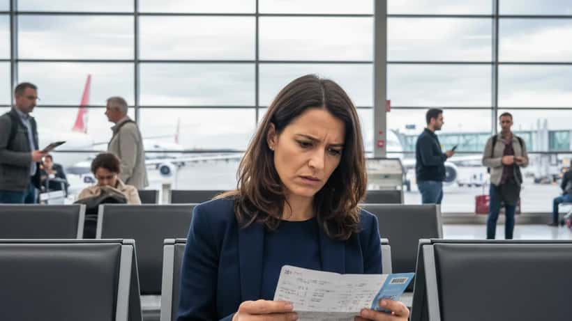Une voyageuse examine son billet d'avion à l'aéroport d'Orly face aux annonces de surtaxes kérosène 2026