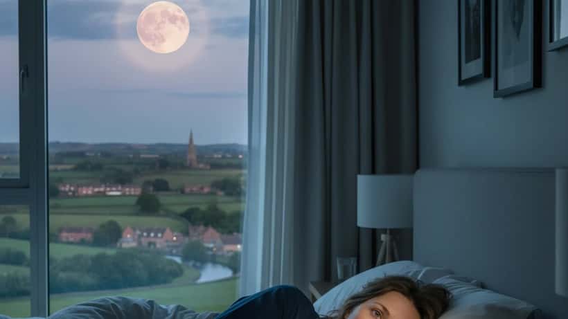 British woman awake at night in London apartment with moonlight through curtains