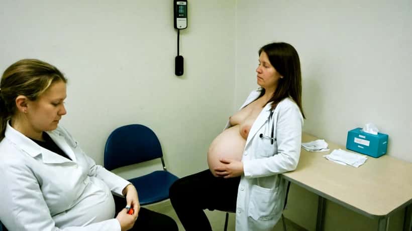 Raskaana oleva nainen konsultoi lääkäriä modernissa suomalaisessa klinikkatapaamisessa