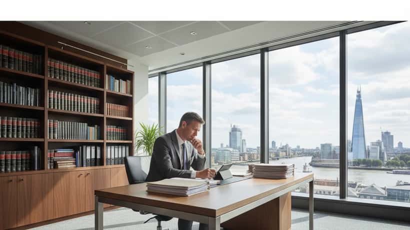 British employment lawyer reviewing dismissal documents at a modern London office overlooking the Thames