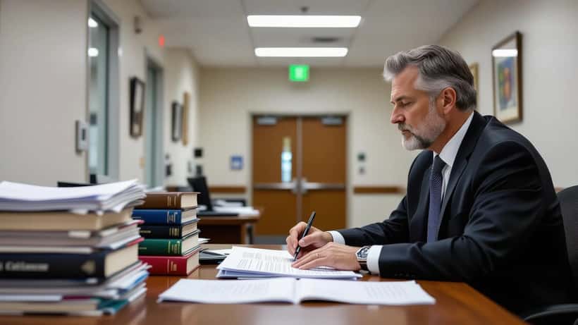 Australian defence lawyer reviewing international criminal case file at Brisbane federal courthouse corridor