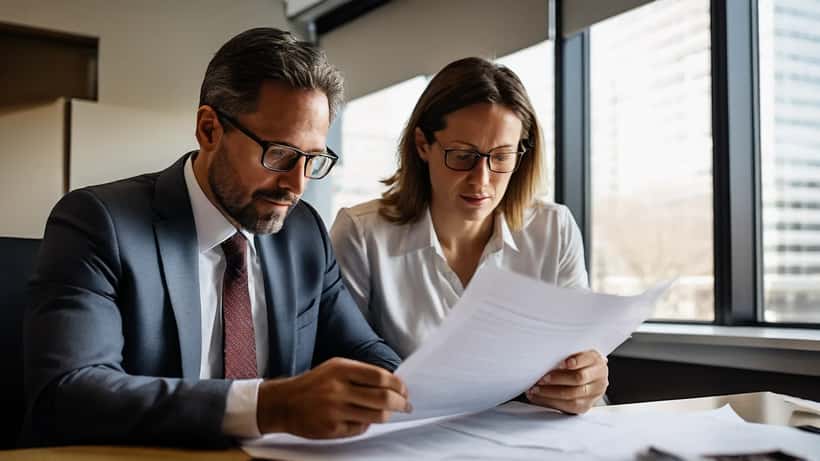 Person reviewing auto accident claim documents with an attorney in a law office