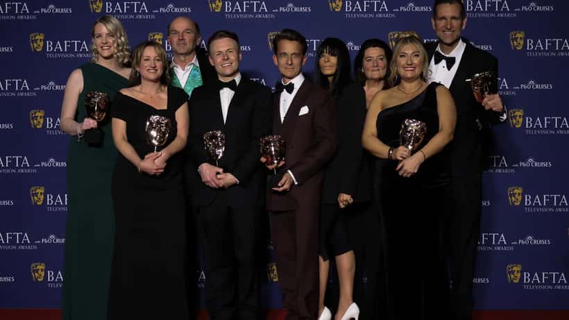Cast and crew of The Traitors at the BAFTA Awards 2026 including host Claudia Winkleman