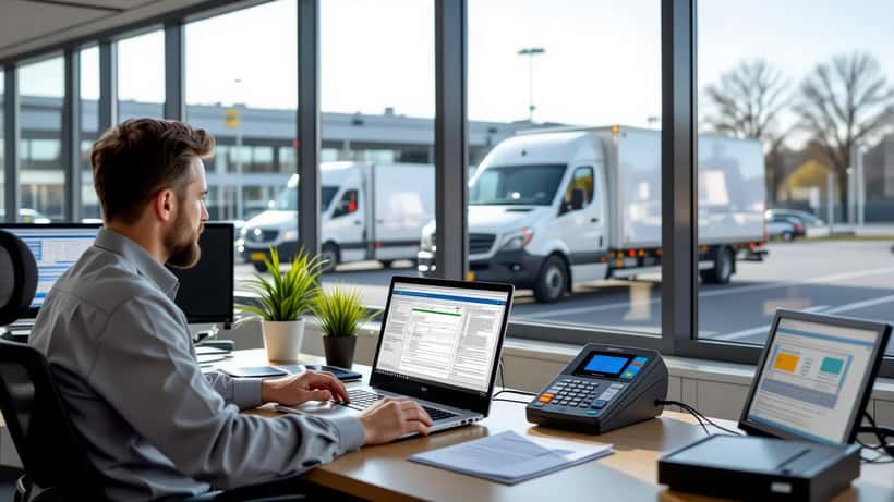 Österreichischer Fuhrparkmanager prüft Smart Tachograph 2 Compliance-Daten in Wiener Logistikbüro