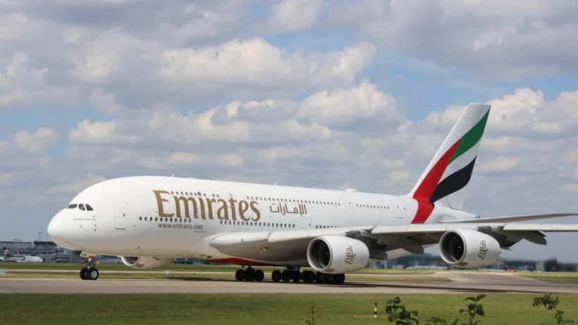 Emirates Airbus A380 aircraft taxiing at Manchester Airport