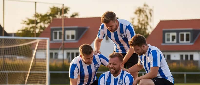 Amatørfodboldspiller sidder på græsplænen og holder om sin ankel med smerter under træning i Danmark