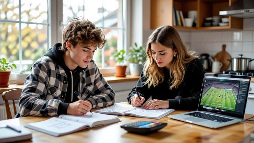 Elev och privatlärare räknar om fotbollsodds till sannolikhet vid ett köksbord med matematikbok och miniräknare