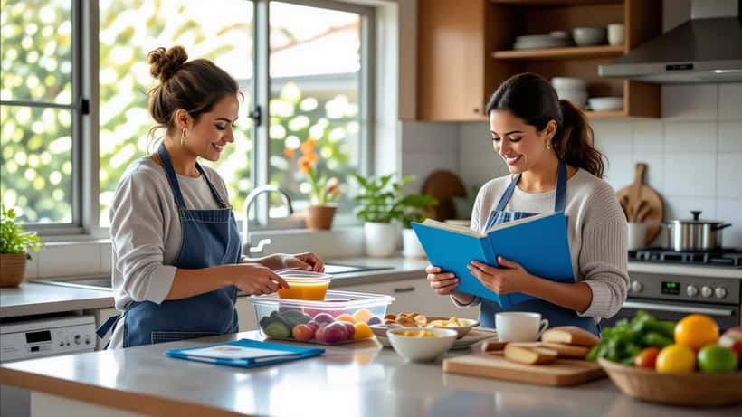 Disability support worker preparing NDIS-approved meal containers with a participant in an Australian home kitchen