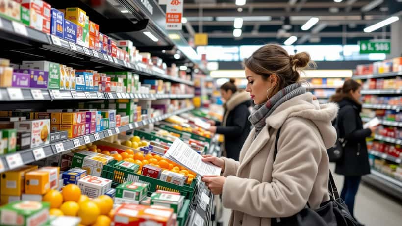 Femme vérifiant ses courses dans un supermarché suisse, inquiète des prix en hausse
