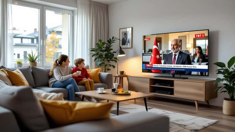 Wohnzimmer mit Fernseher, der türkische TRT1 Live-Sendung zeigt