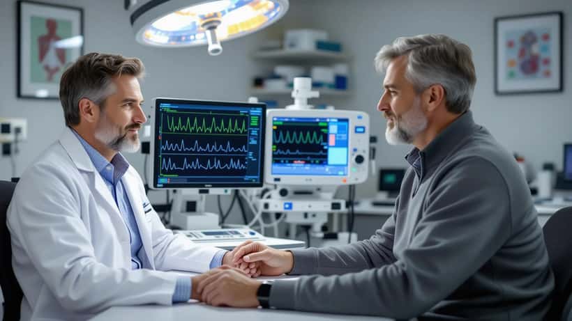 Läkare och patient granskar EKG-kurva på skärm vid kardiologikonsultation