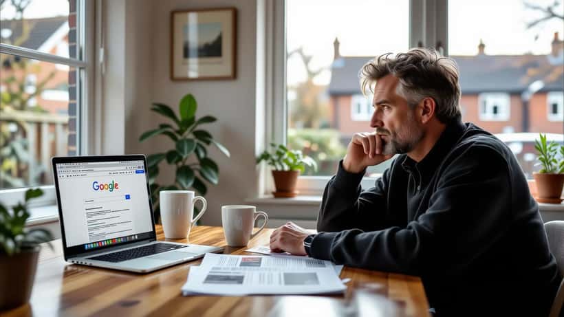 Worried man checking his own name in Google search results on a laptop at a kitchen table in Manchester