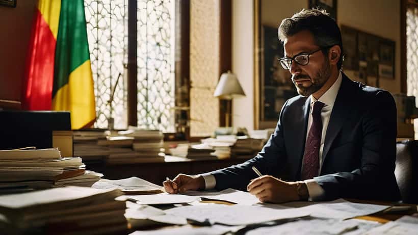 Advogado português revendo documentos de acidente internacional num escritório em Lisboa