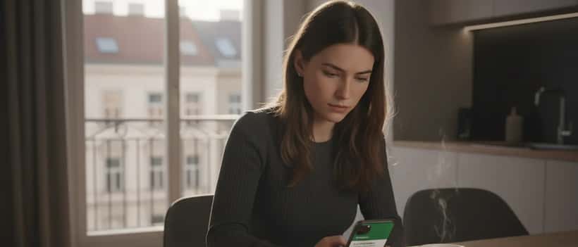 Junge Österreicherin in Küche mit Trade Republic App auf Smartphone, Steuerdokumente und Kaffee am Tisch, morgendliches Licht in Wien