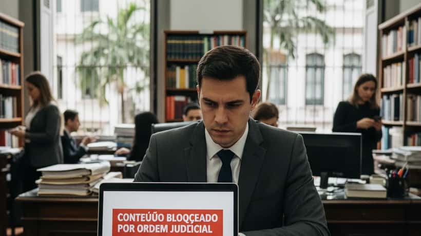 Advogado examina laptop com notificação de conteúdo bloqueado em escritório jurídico no Brasil