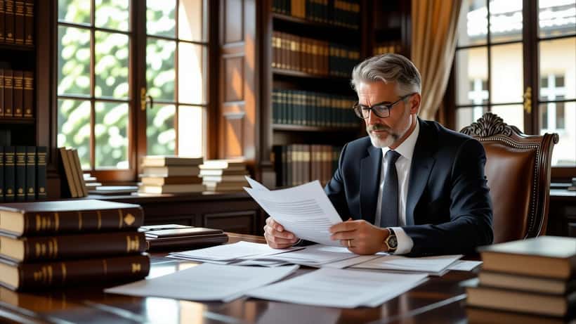 Notaire suisse examinant des documents de succession dans un bureau zurichois