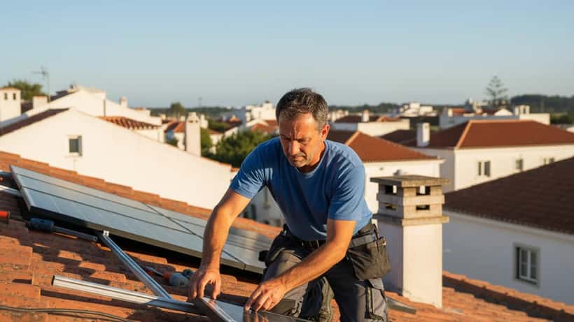Técnico a instalar painéis solares fotovoltaicos num telhado de telha portuguesa numa tarde de sol, Lisboa 2026