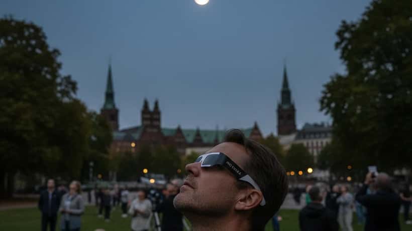 Mann mit Sonnenfinsternisbrille beobachtet die Sonnenfinsternis im August 2026 in Deutschland