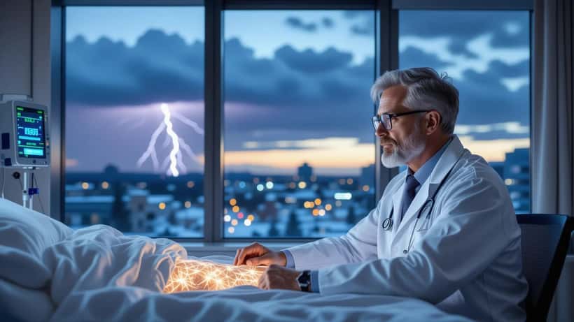 Canadian physician examining patient with lightning burns in Calgary emergency clinic during severe thunderstorm